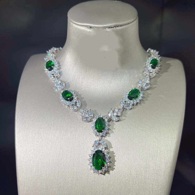 Emerald Tourmaline Full Diamond Earrings Female Pendant Necklace Set