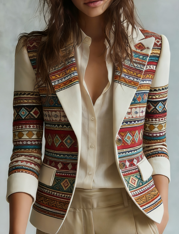 Velvet Pocket Suit With Printed Lapel And Flared Sleeves, Long-sleeved Blazer.