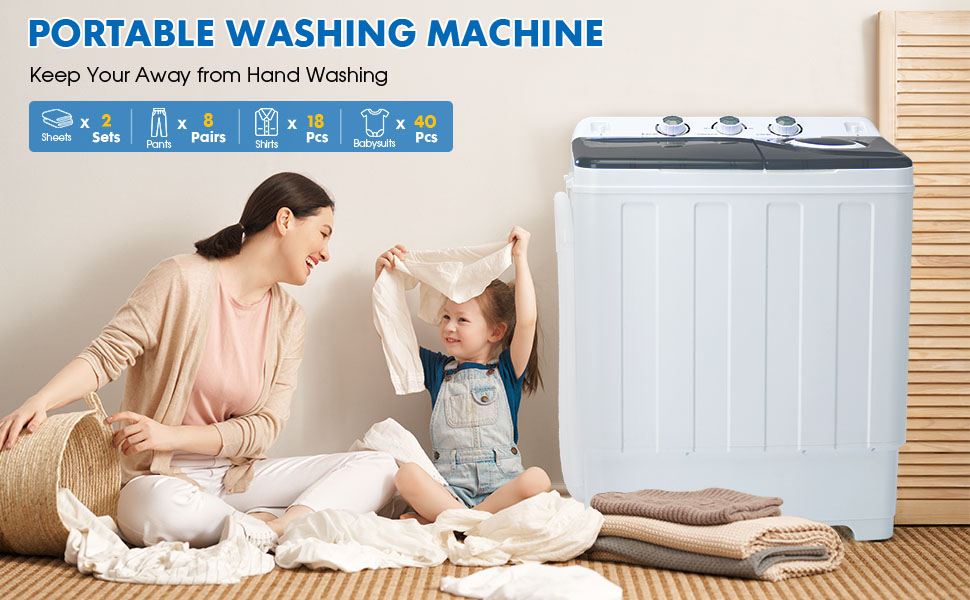 Grey28lbs Portable Washing Machine With 18lbs Wash And 10lbs Spin, Twin Tub Washer Compact Machine With Drain Pump, Mini Portable Washer For Home, Camping, RVs, And Small Spaces, Grey