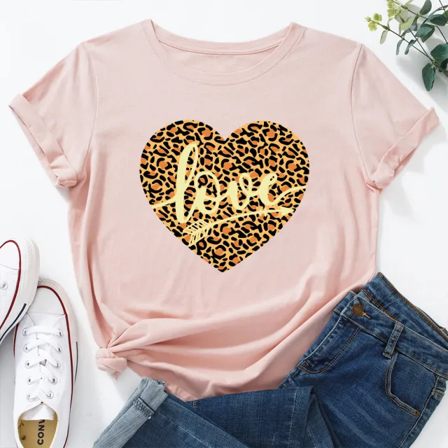 European And American Women's Leopard Love Print Loose Round Light Pink - Shop at LoveMi