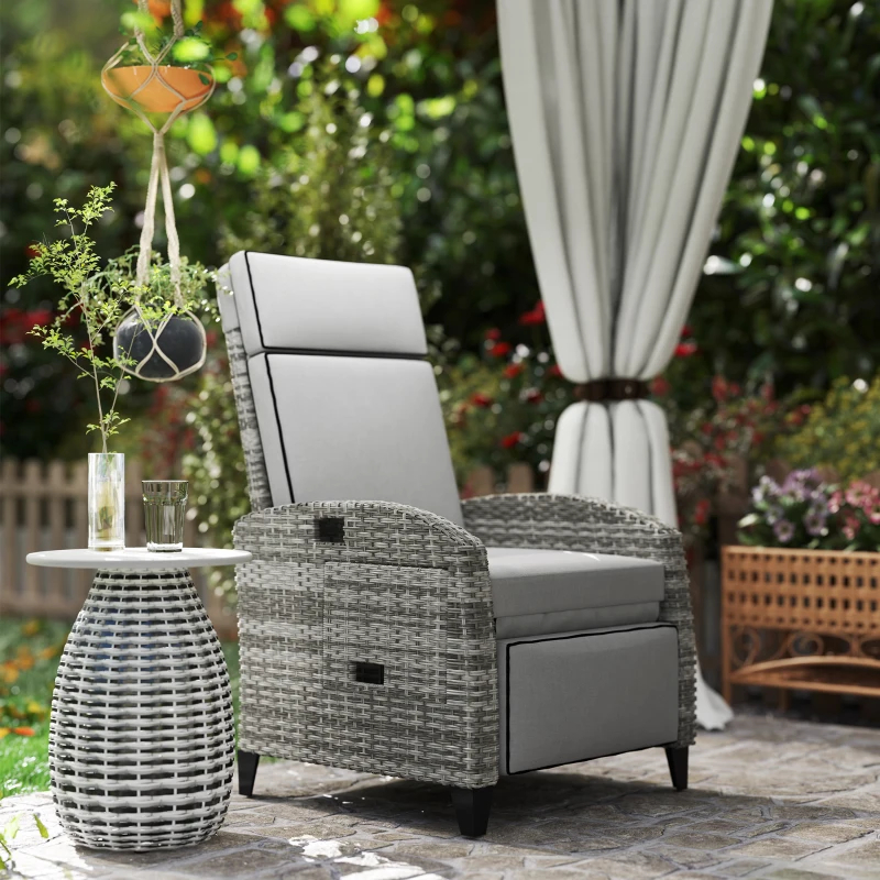 Outdoor Recliner Chair With Cushions, Reclining Patio Lounge Chair With Adjustable Footrest, Armrests, Tray Table, Gray