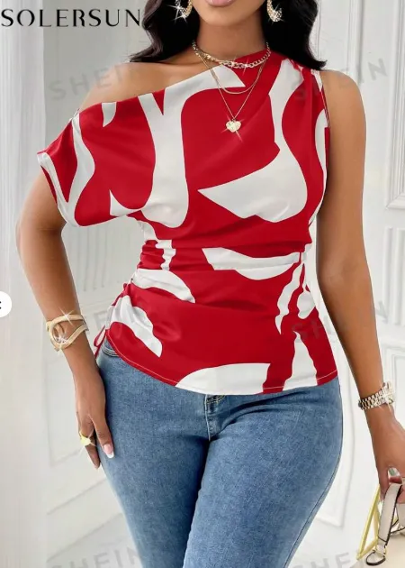 Print Asymmetric Collar Side Drawstring Shirt With Random Printing One Shoulder Top Red - Shop at LoveMi
