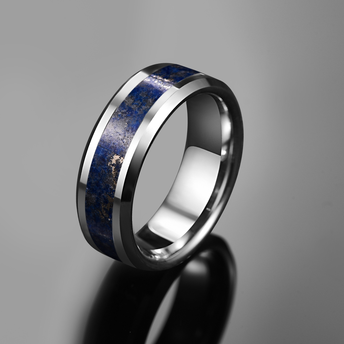 Title 3, 8mm Wide Inlaid Lapis Lazuli Mens Tungsten Ste...