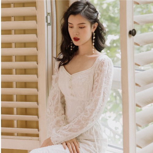 French First Love White Long Sleeve Sweet Date Dress