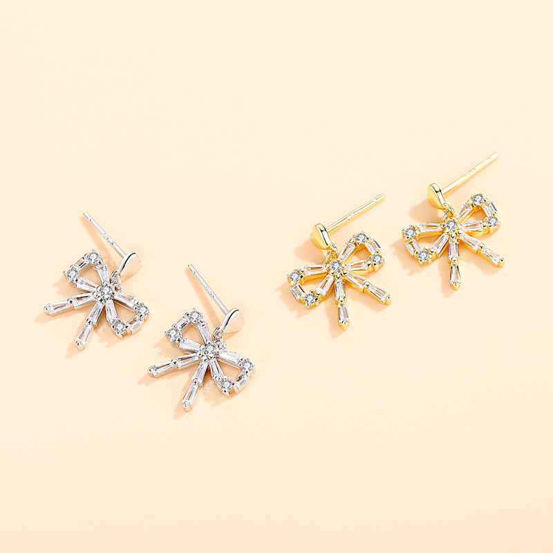 Bow S925 Sterling Silver Trendy Full Rhinestone Zircon Eardrops