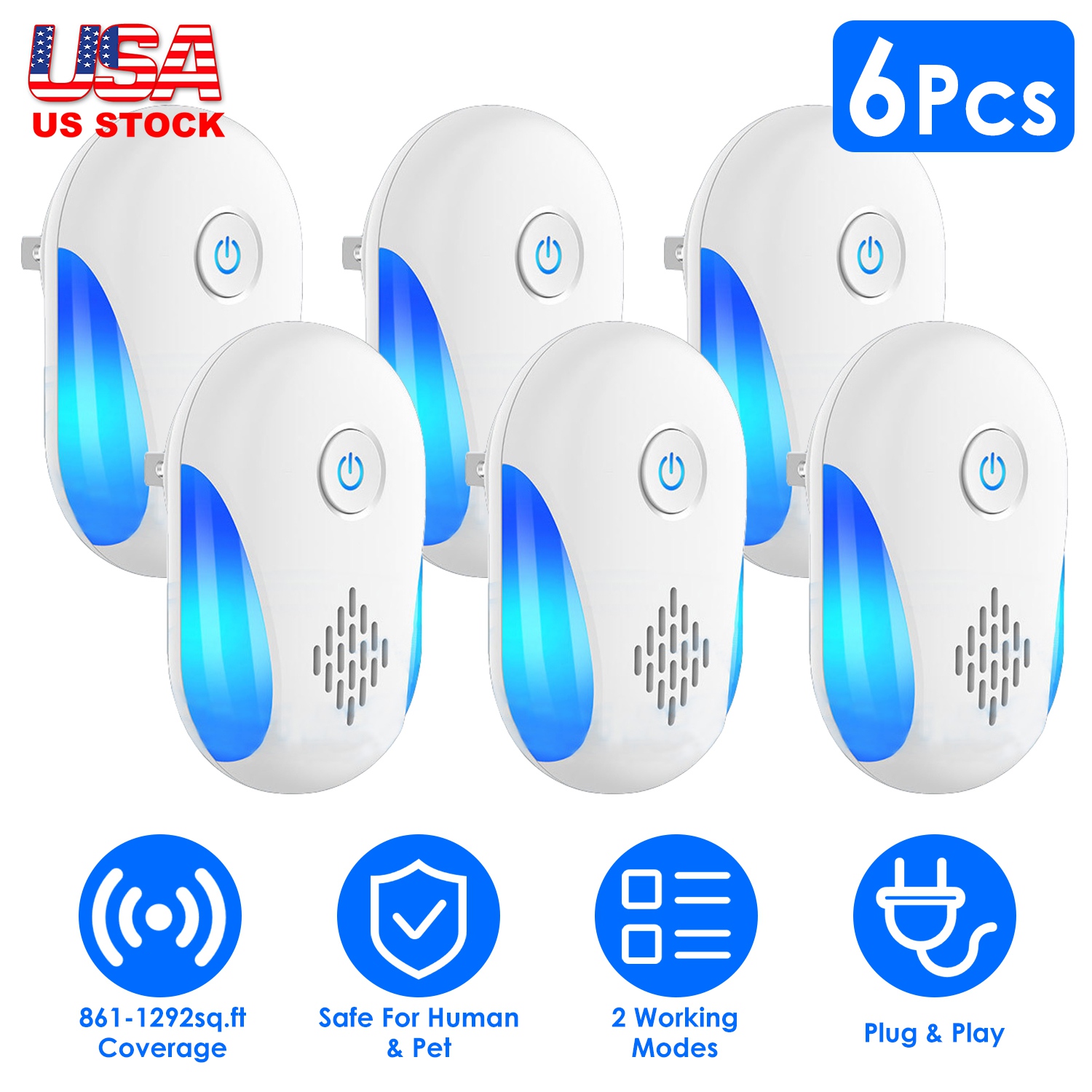6 عبوات من أجهزة طارد الحشرات بالموجات فوق الصوتية للمنزل والمكتب والفنادق