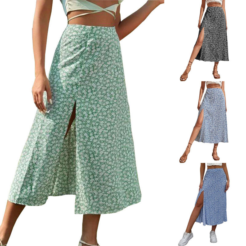 Women's Floral Split A-line Bag Hip Mid-waist Long Skirt