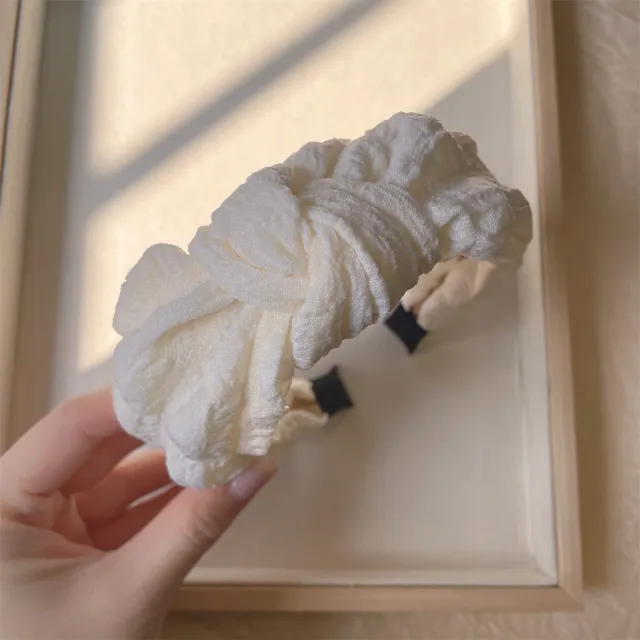 Bubble Crinkle Bow Twist Vintage Gentle Cream Headband Beige - Shop at LoveMi