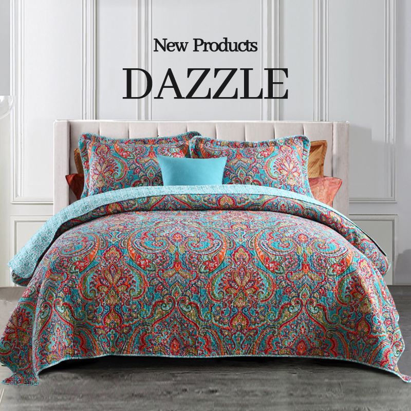 New Traditional Baroque Paisley Print Cotton Reversible Quilt Bedspread Set All Season Full Queen 90X98 & King 98X106 High Density Stitching Wrinkle-Resistant Breathable Soft Hotel Vivid Color Symphon