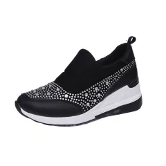 Rhinestone Wedges Flats Shoes Women Inner Height Increasing Shoes Sneakers - Black - View 1