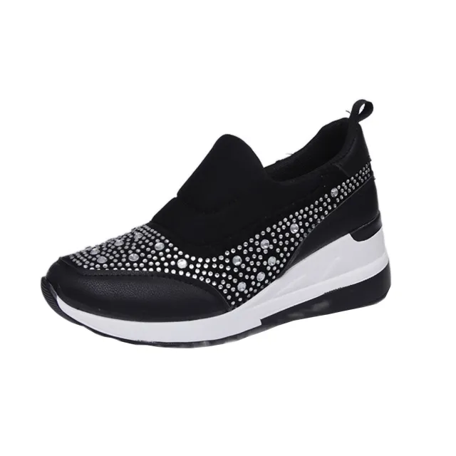 Rhinestone Wedges Flats Shoes Women Inner Height Increasing Shoes Sneakers Black - Shop at LoveMi