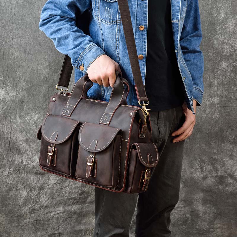 Crazy Horse Leather Outing Computer Bag Crossbody Shoulder