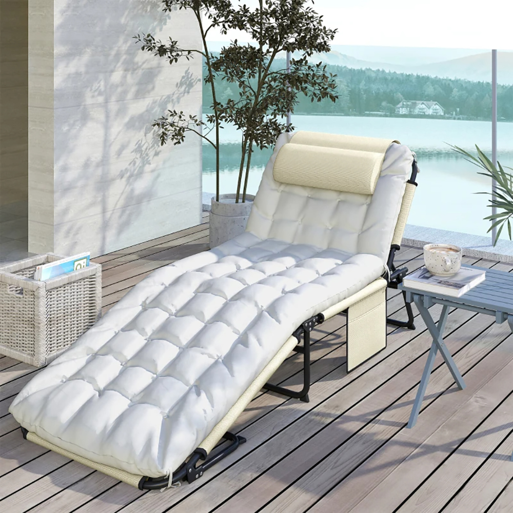 Folding Sun Lounger With Reclining Back Cushion And Side Pocket_voghion.com
