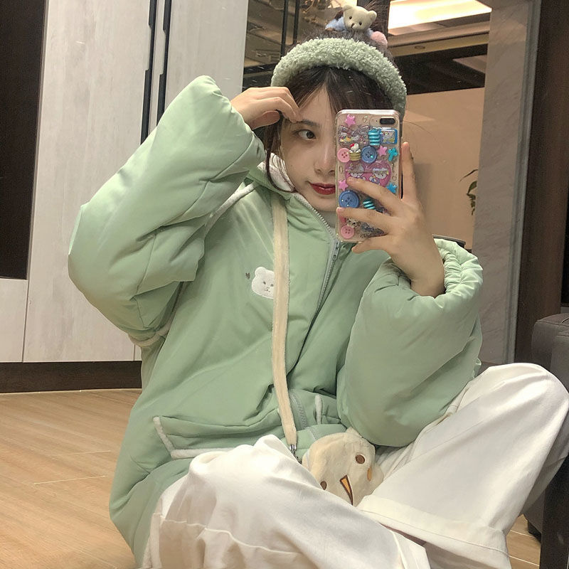 Soft Cotton Jacket With Bear Pocket And Detachable Fur Collar