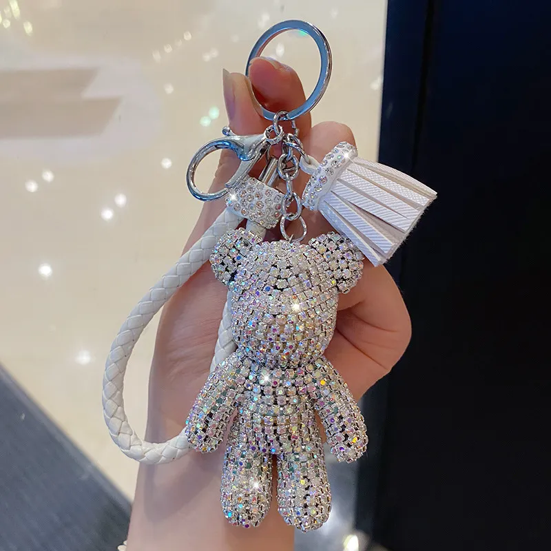 Cartoon Full Drill Method Fighting Dog Keyring Cute Men And Women Tassel Bag Keychain Ring Hanging Ornament - Bear White