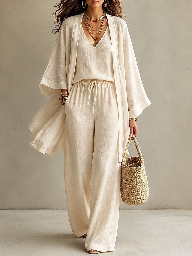Women's Casual 3 Piece Outfit V-Neck Cami Top Open Front Cardigan And Drawstring Wide Leg Pants Set For Summer 6