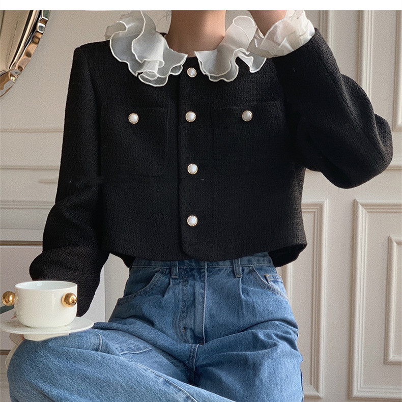 Korean Style French Hepburn Ruffled Tweed Coat Women's Short Coat Women