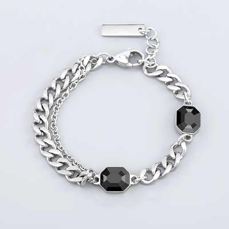 Titanium Steel Chain Stitching Blue Black Double Crystal Bracelet