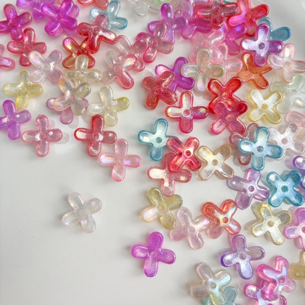 Luminous Glow-in-the-Dark 4-Petal Acrylic Flower Beads, Two-Tone Fine Glitter Center-Hole Charms For DIY Hanfu Hairpin Flower Bases.
