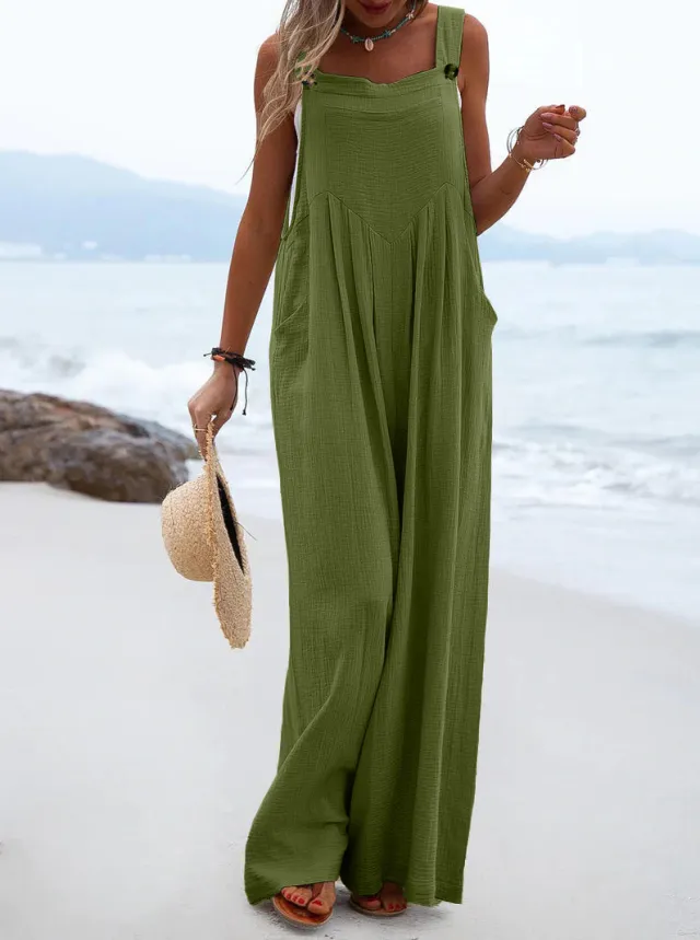 Ladies Fashion Ethnic Style Solid Color Button Suspender Jumpsuit Army Green - Shop at LoveMi