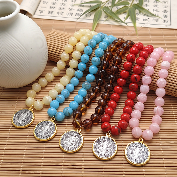 Colorful Resin Beaded St. Benedict Medal Necklace , Catholic Protection Medallion Choker, Vintage Religious Jewelry With Stainless Steel Clasp