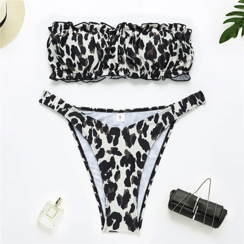 New Split Pleated Bikini Women - Leopard