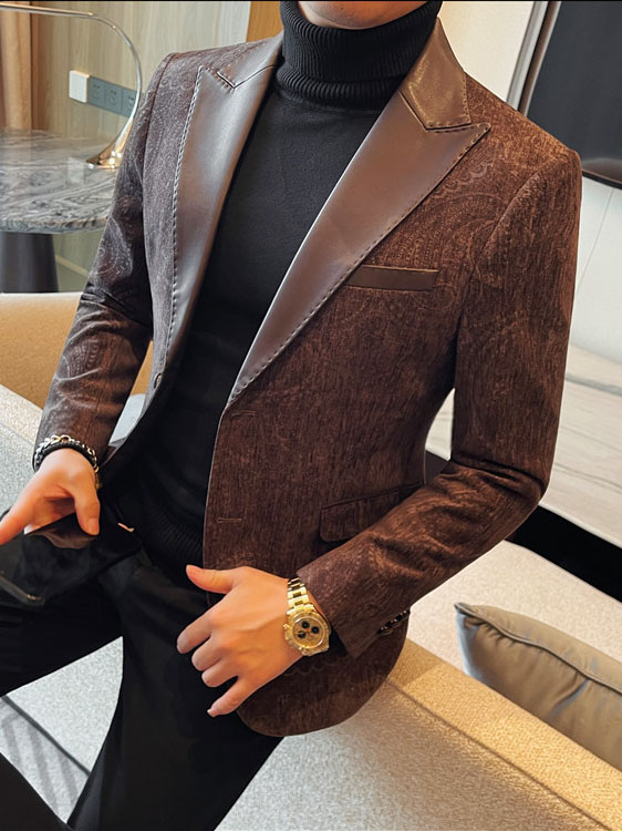 Jacquard Velvet Leather Lapel Men's Blazer