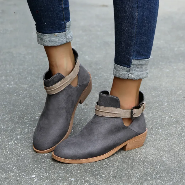Buckle Ankle Boots Leopard V Cutout Shoes For Women Grey - Shop at LoveMi