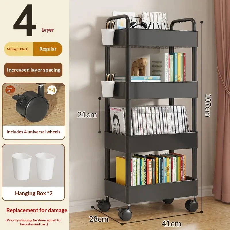26cm Black-4 Layers-wheels-hooks-hanging Boxes-stickersSmall Cart Storage Rack