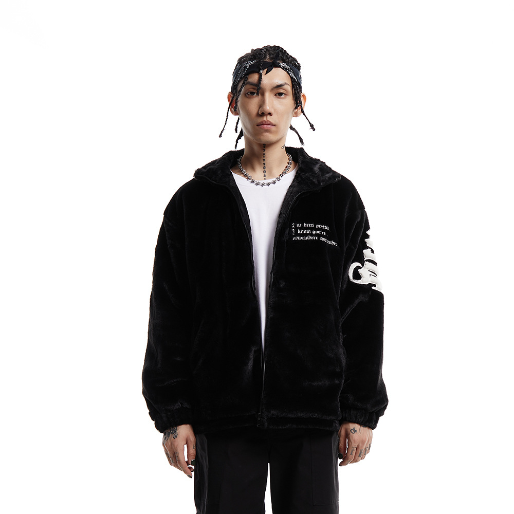 Cotton Thickened Black Loose Solid Color Zip Casual Jacket