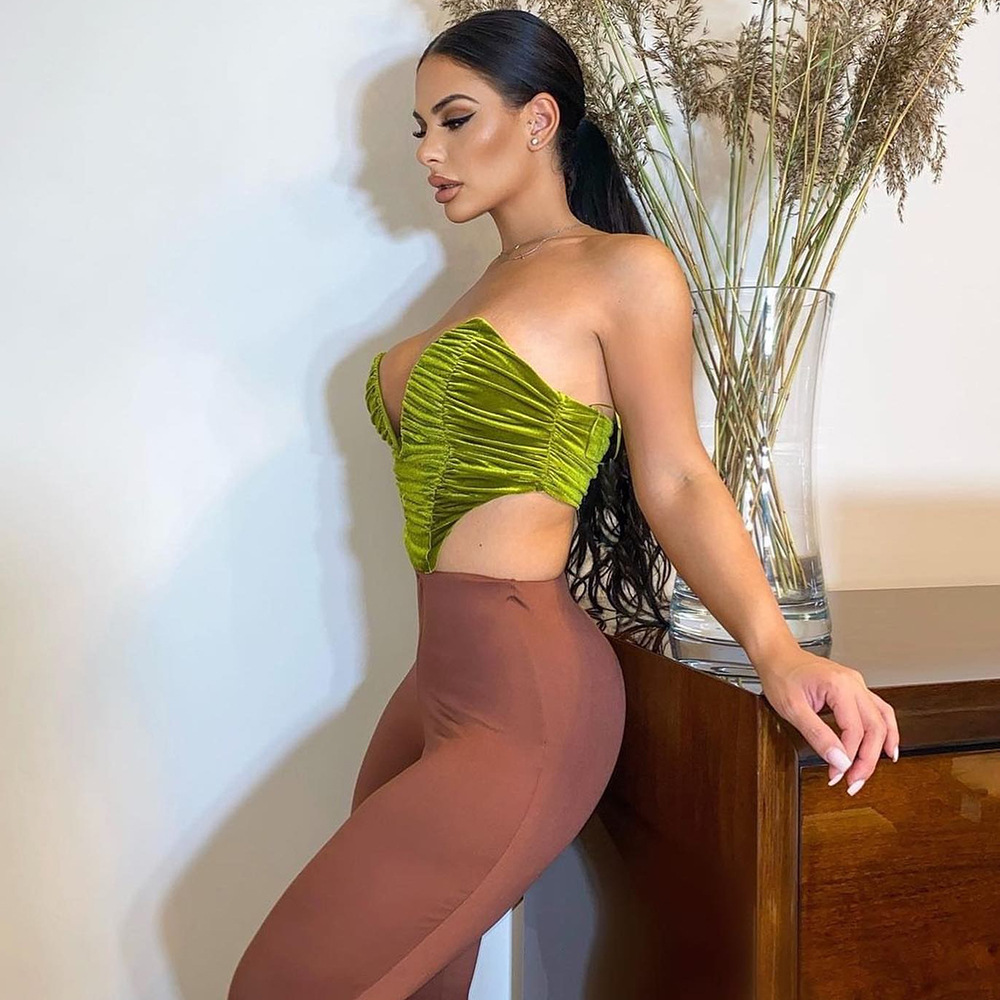 Women's Gold Velvet Wrap Chest Pleated Button Top