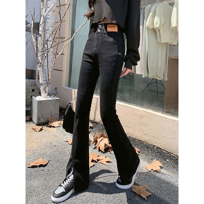 Slightly Flared Jeans, Two Buttons, Slim Design, Women's Split Black New High Waist Flared Floor length Pants Black - Shop at LoveMi