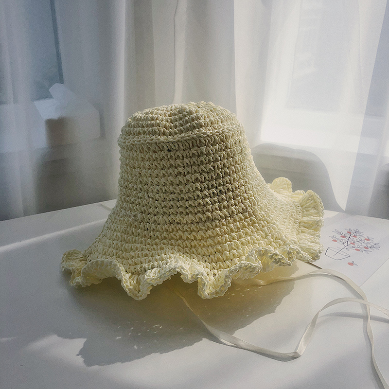 Lace Up And Upturned Cute Papyrus Ins Wind Pastoral Grass Woven Hat Milky White - Shop at LoveMi