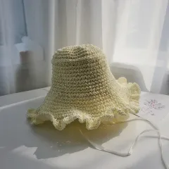 Lace Up And Upturned Cute Papyrus Ins Wind Pastoral Grass Woven Hat - Milky White - View 1