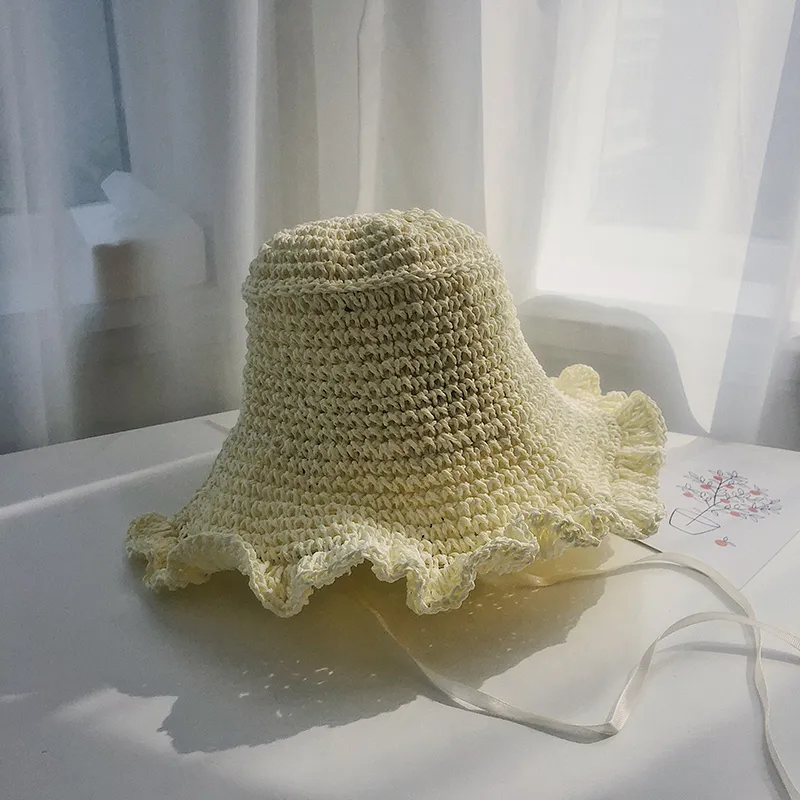 Lace Up And Upturned Cute Papyrus Ins Wind Pastoral Grass Woven Hat - Milky White