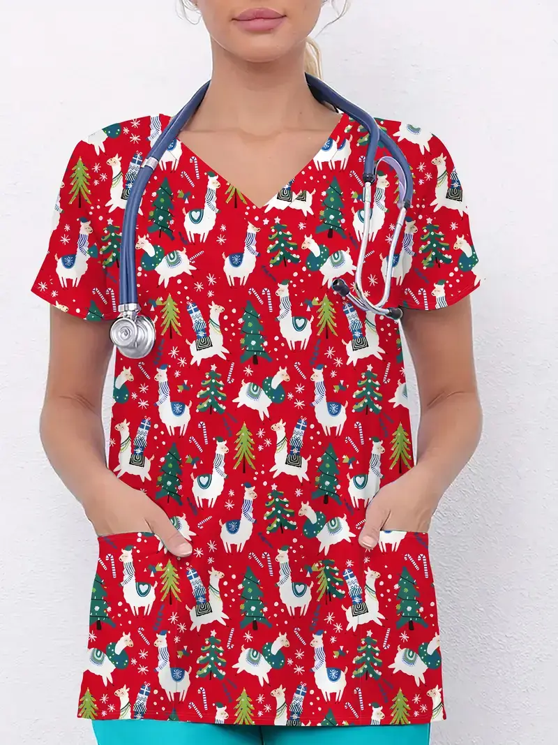Plus Size Women's Vibrant Print Scrub Top Casual V-Neck Short Sleeve