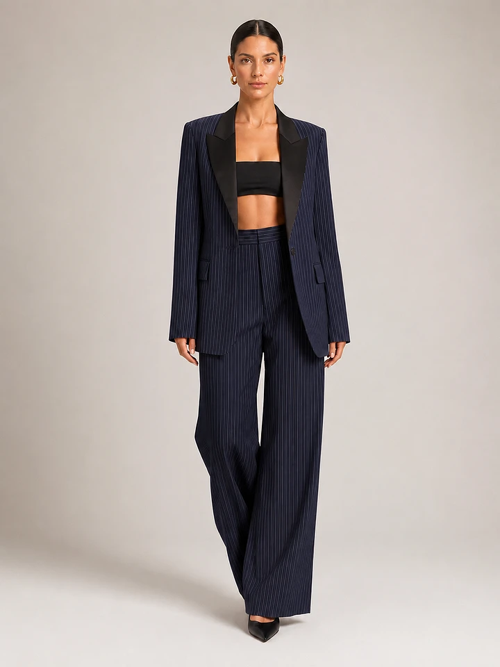 Pinstripe Satin Lapel Oversized Blazer & Wide-Leg Pants Two-Piece Suit