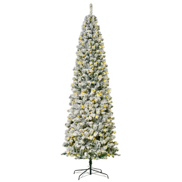 9 Feet Prelit Artificial Snow Flocked Pencil Christmas Tree, Slim Xmas Tree With Warm White LED Light, Holiday Home Xmas Decoration, Green Green - Shop at LoveMi