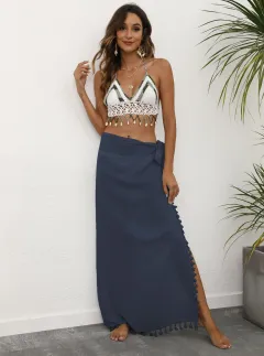 Women's Fashion Ties Tassel Patchwork Irregular Beach Dress - Navy - View 1