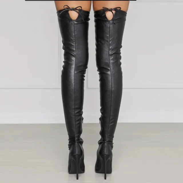 New Sexy Pu Pointed Side Zipper High Stiletto Heel Ladies Plus Size Over the knee Boots Black - Shop at LoveMi