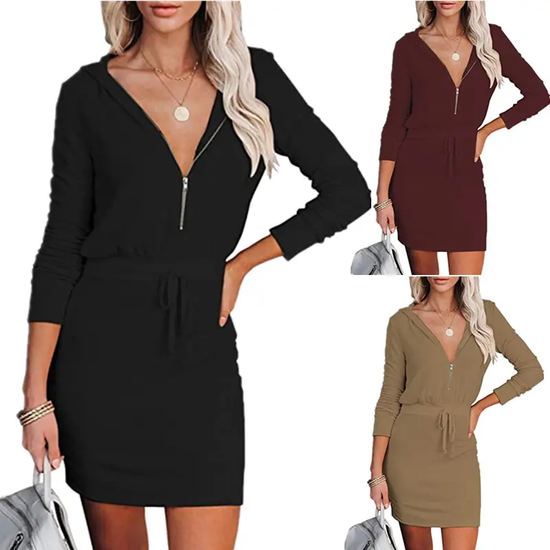 Women's Solid Color Zip Long Sleeve Hooded Tunic Dress
