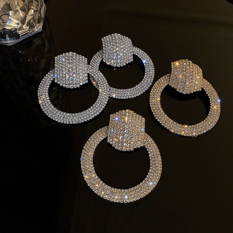 Shiny Diamond-Encrusted Circle Earrings, Stylish Exaggerated Women Ear Ornaments