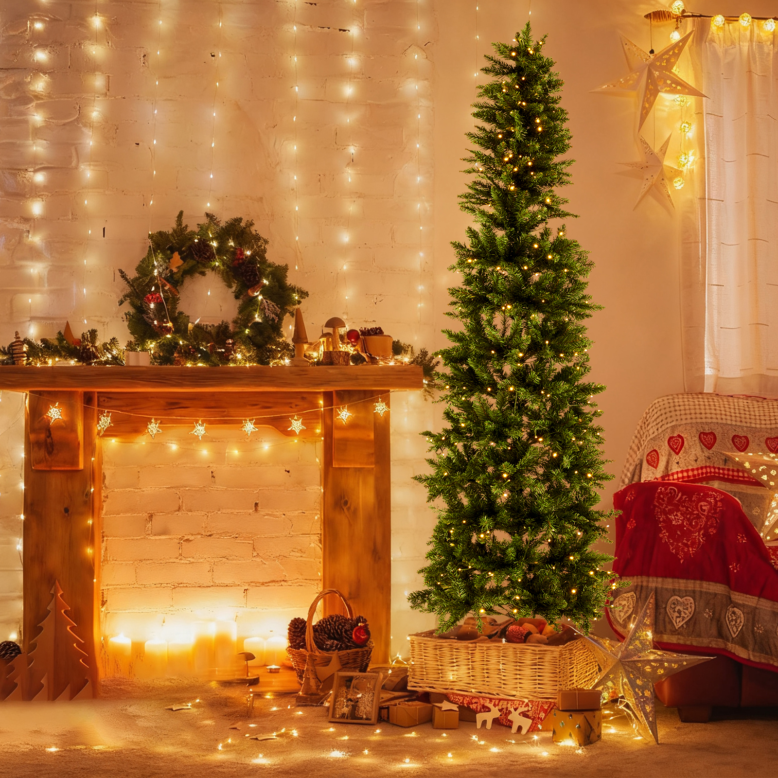 Pencil Christmas Tree, Prelighted Artificial Slim Christmas Trees With 250 Incandescent Lights, 571 Branch Tips & Foldable Base image 11