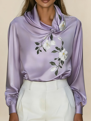 Women's French-style Elegant Satin Printed Turtleneck Long-sleeved Loose-fitting Shirt