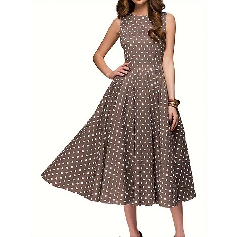 Women's Vintage Polka Dot Sleeveless Dress O-Neck Summer Cocktail Party Dress - Picture 8 of 10