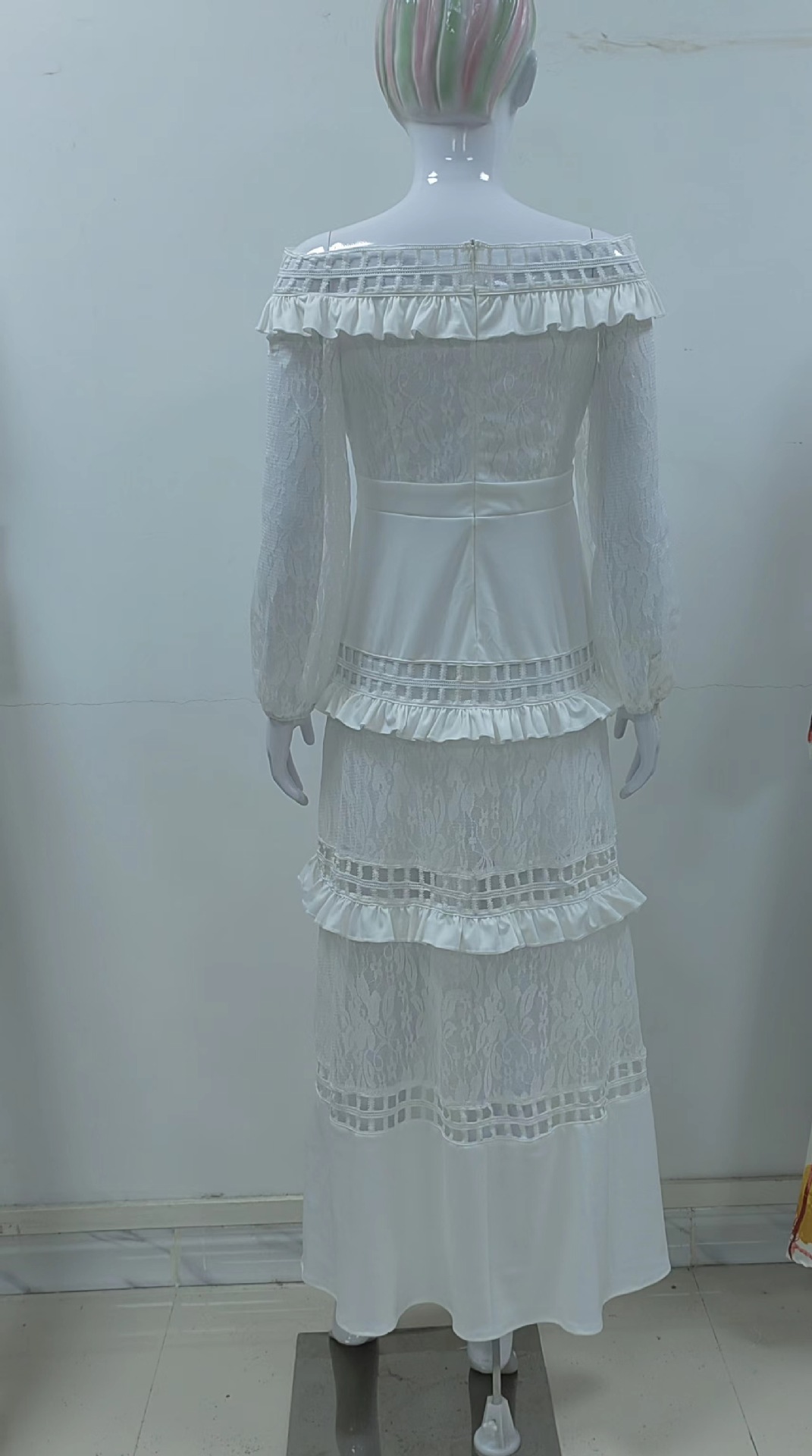 European And American Off-shoulder Ruffled Hollow Wide Hem Lace Dress