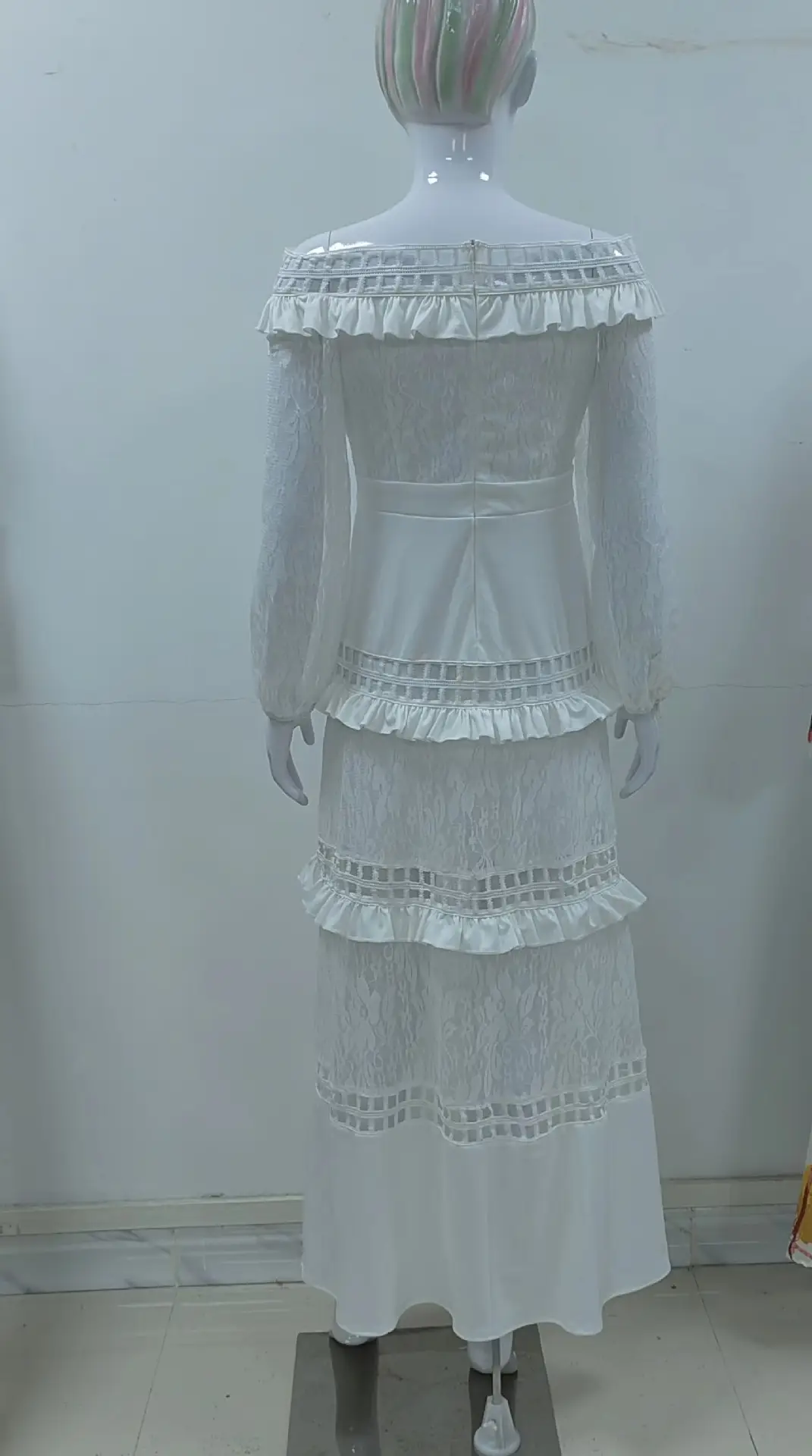 European And American Off-shoulder Ruffled Hollow Wide Hem Lace Dress