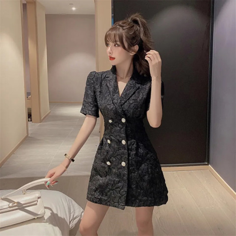 Women's Temperament Puff Sleeve Waist Slim Double Breasted Dress