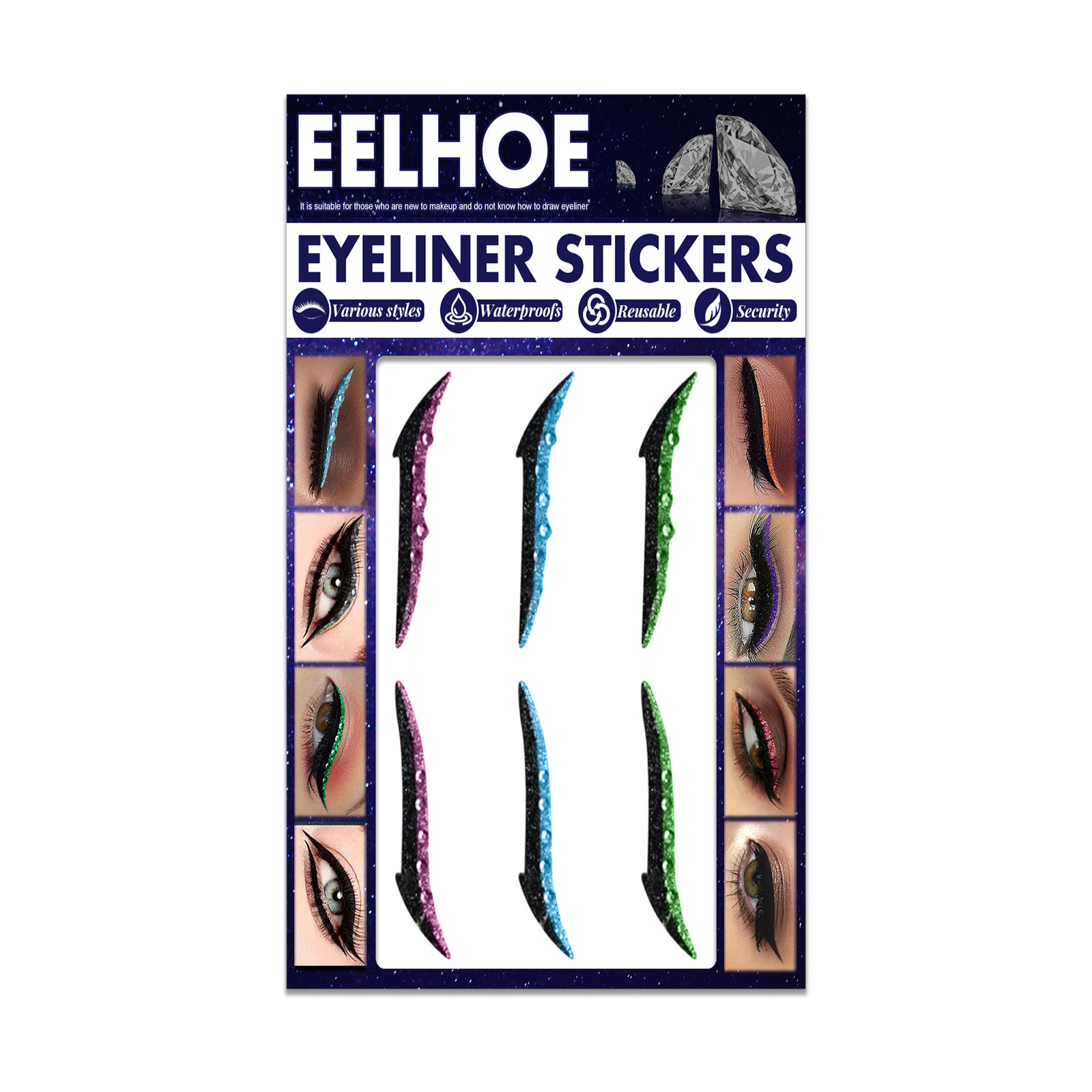 Colored Diamonds Eyelid Line Sticker Waterproof Self adhesive Eye Liner Eyeliner Stickers Party Sexy Cat Eyes Beauty Makeup Tool 4 Style - Shop at LoveMi