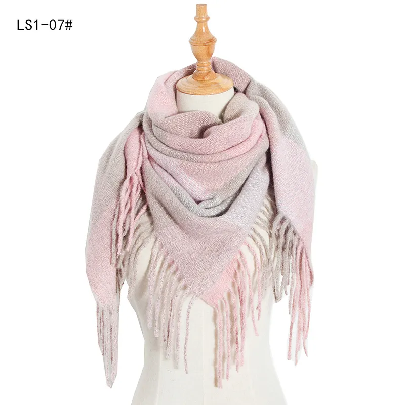 Yarn Stripe Grid Polyester Long Fringed Bristles Square Scarf Women Men's Bib Shawl - Q-110Cm